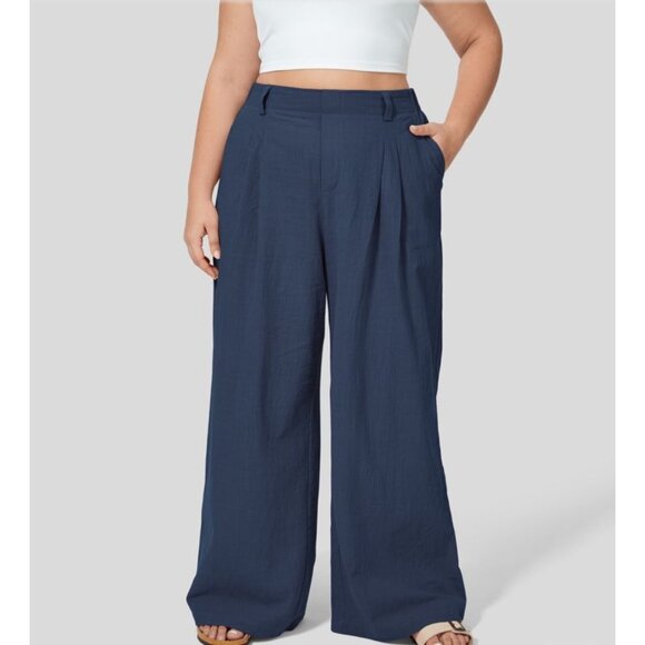 Halara High Waisted Plicated Side Pocket Wide Leg Pants Sz XL Womens Navy Blue F - Picture 1 of 7